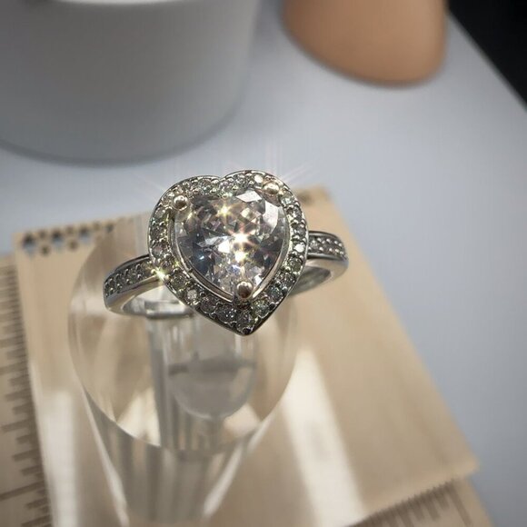 Silver Heart Cut Stone Ring with Pave Detailing Adjustable - Picture 13 of 14